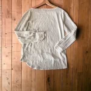 LOFT Blouse Long/Button Up Sleeves Off White Stripes Loose Fit Scoop Hem SZ M